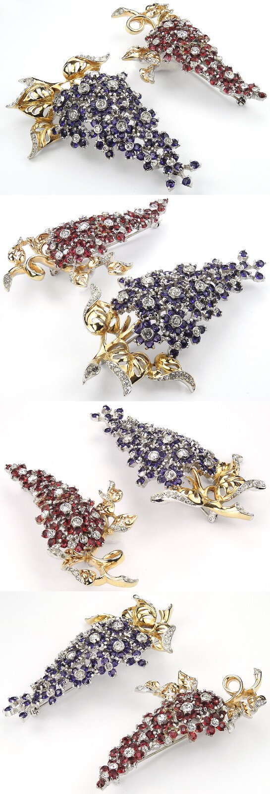 Reja Gold Pave Flowers Set 2 pins lg Amethyst sml Ruby Wisteria Pins, & Earrings