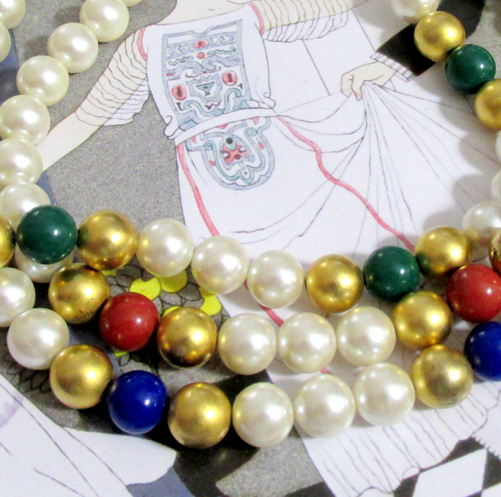 VTG RUNWAY BOOK PIECE NAPIER 3 STRAND FAUX PEARL/BEAD NECKLACE GP “Scarborough”