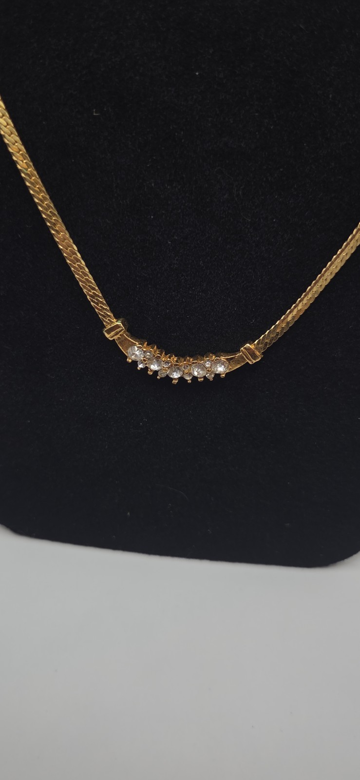 gold plated Herringbone Snake Chain with clear gems Necklace 16 in