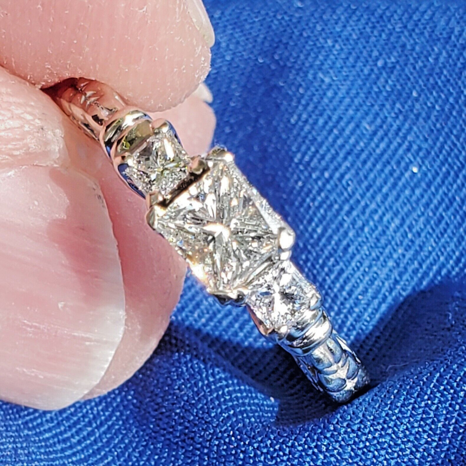 Original EARTH MINED DIAMOND Princess Engagement Ring 3 Stone Solitaire 14K GOLD