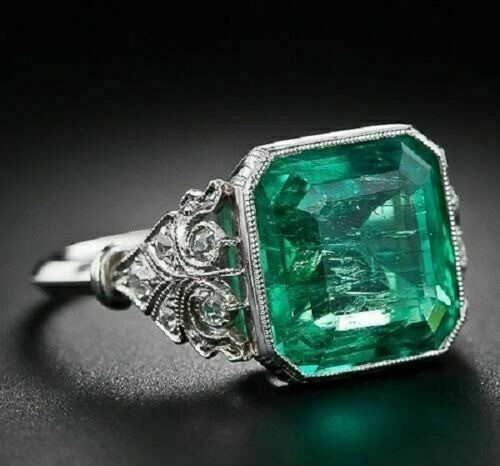 4.30 Ct Natural Emerald Art Deco Vintage Engagement Ring 925 Sterling Silver