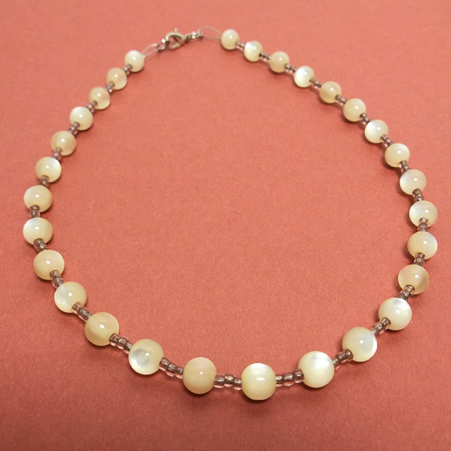 Moonglow Lucite & Glass Bead Choker Necklace 14″ Handmade Vintage Beads