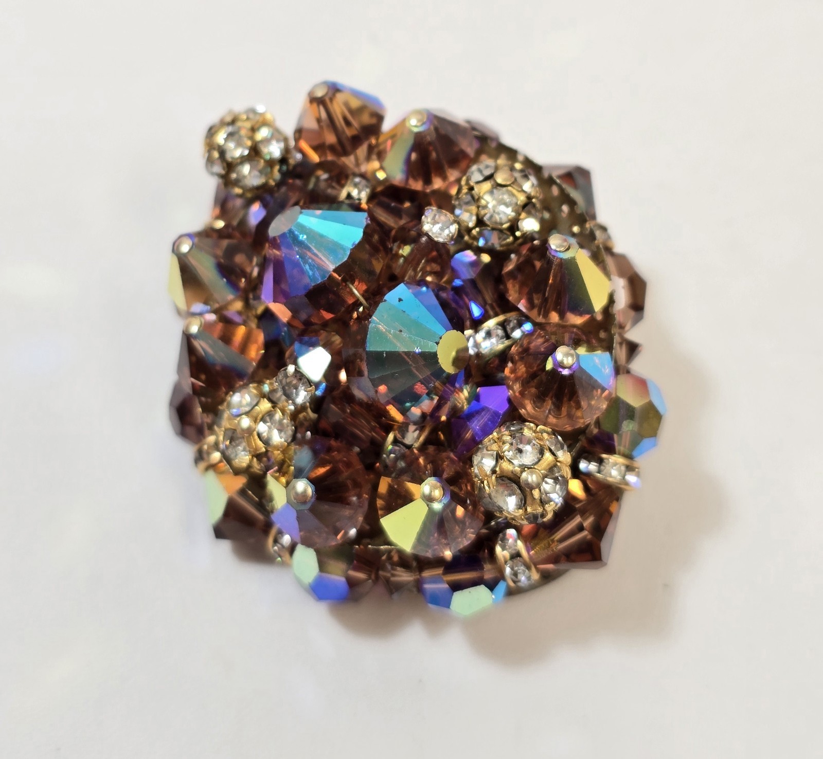 Vintage Large Clear Rhinestone Layered Dark Topaz AB Crystal Bead Brooch