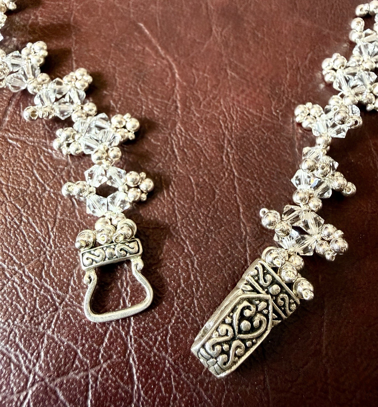 Handmade 925 Silver & Crystals beaded collar necklace W/925 Magnetic Clasp