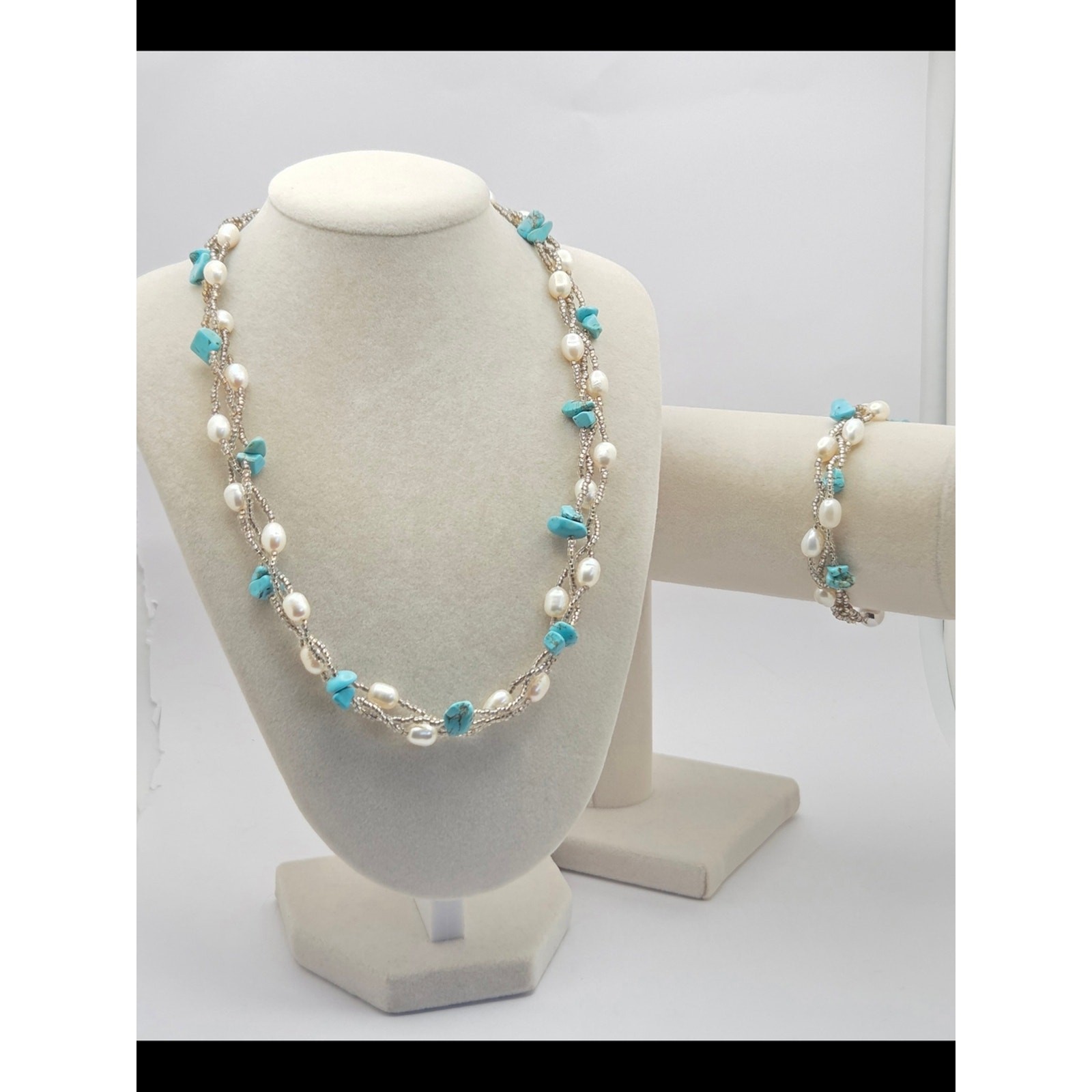 Convertible Freshwater Pearl & Turquoise Multi-Strand Necklace Bracelet Set