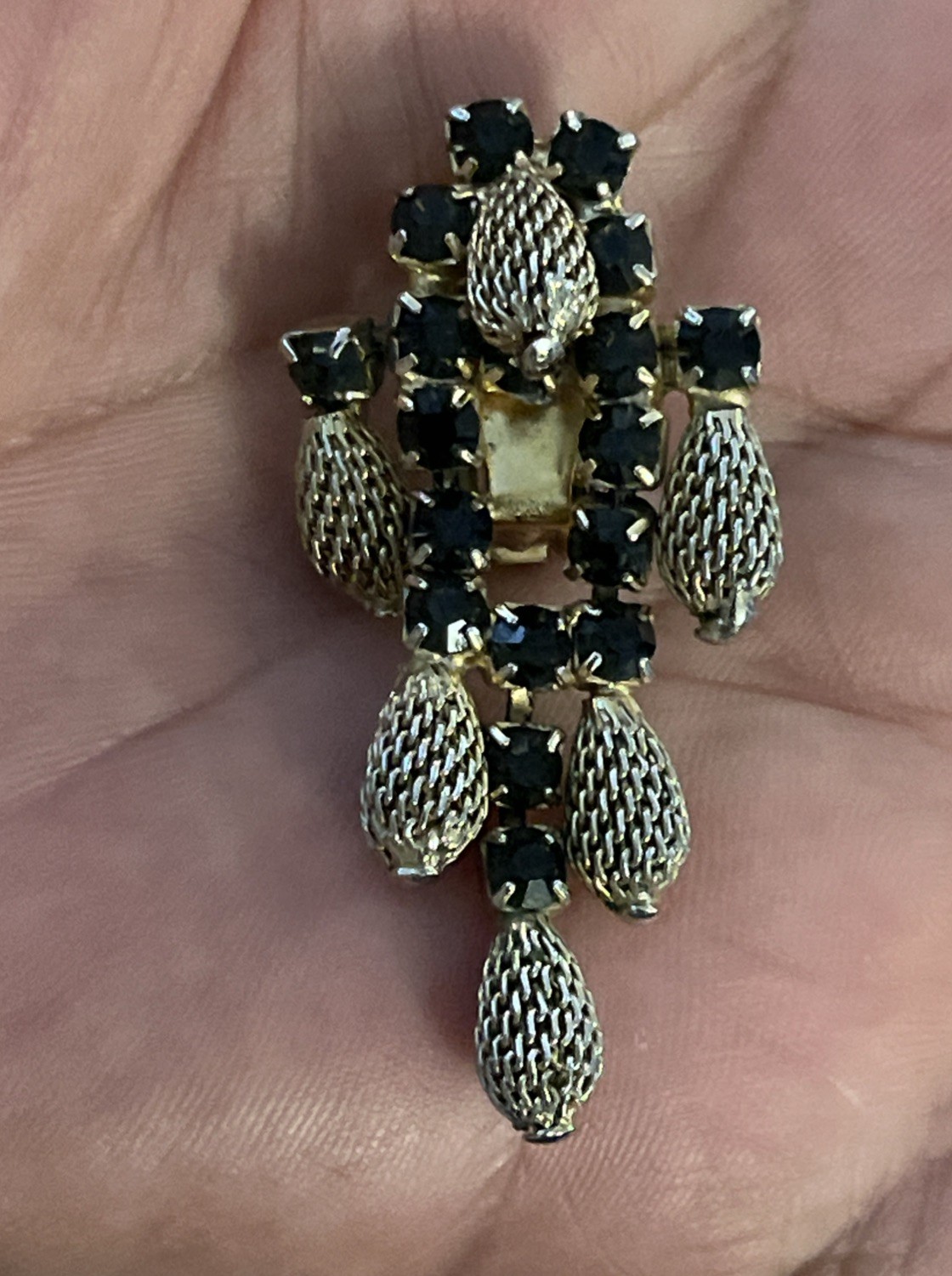 Vintage Signed HOBE Gold & Silver Plate Dangle Black Colored Rhinestone Earrings