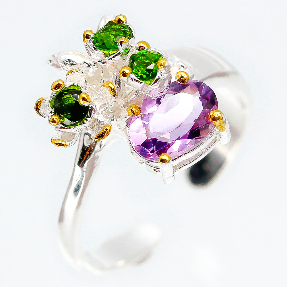 Not Enhanced Natural Amethyst Chrome diopside Silver Ring 925 Sterling / RVS105