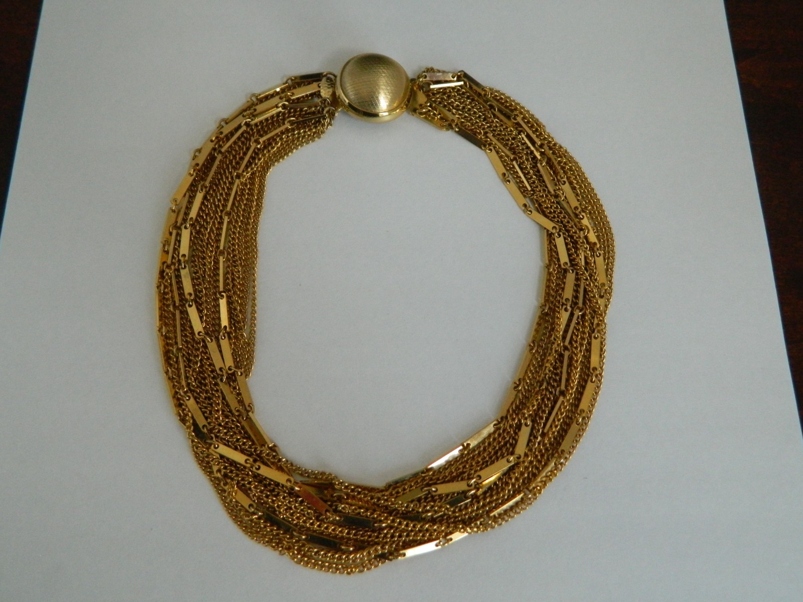 Vintage Mid Century Multi Strand Layered Fancy Link Choker Necklace Gold Tone