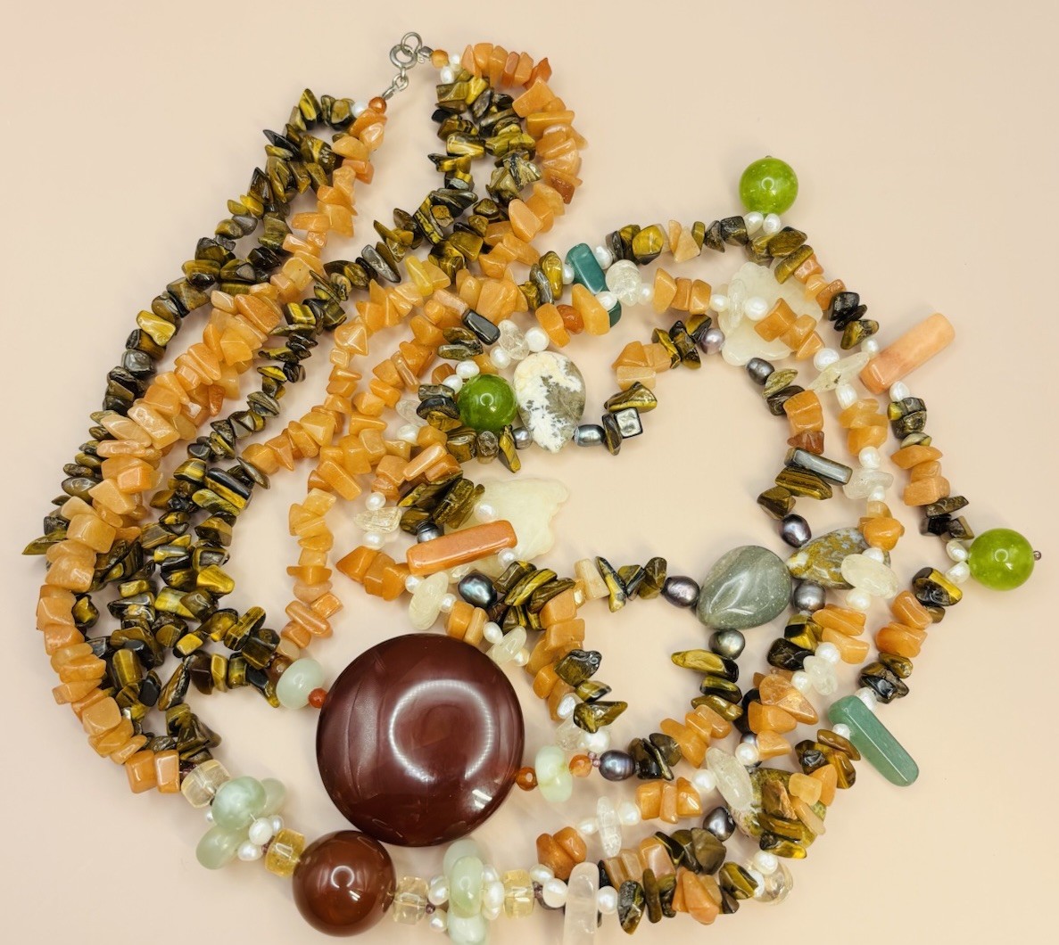 Vintage Natural Gemstone Multi Strand Boho Tigers Eye Carnelian Pearl 28”