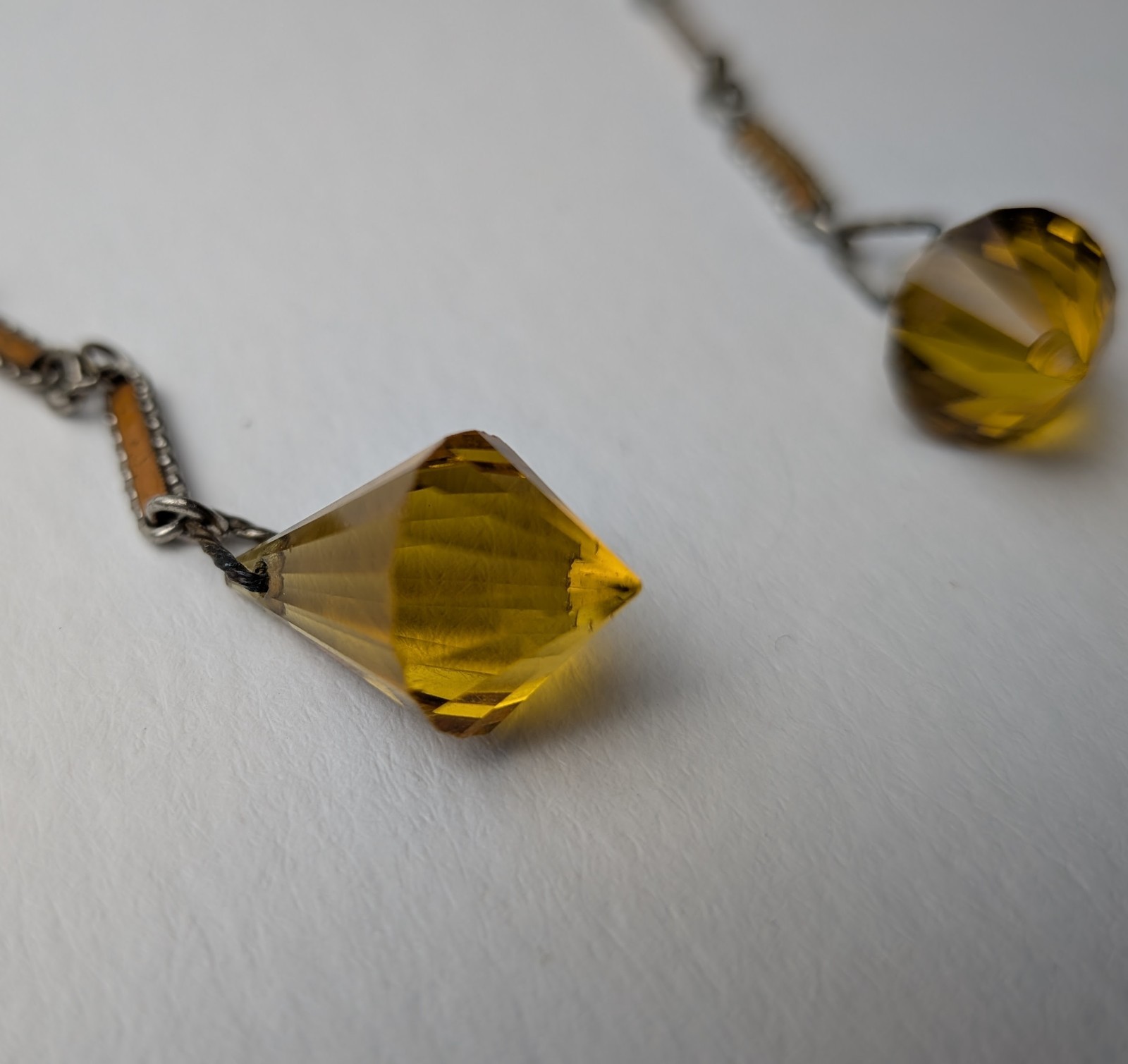 Vintage Deco Czech Glass Lariat Necklace Orange Enamel Gorgeous!