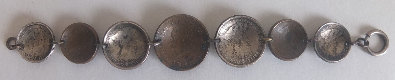 vintage folk art bracelet—coins from 1911 to 1945—four are Australia .925 silver