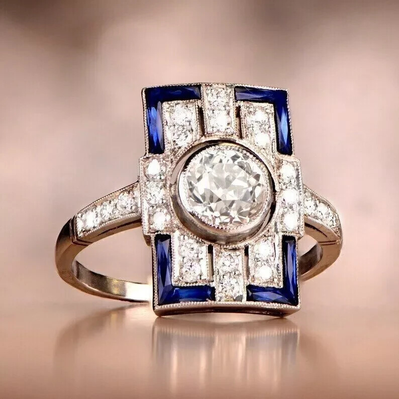 Art Deco Style Lab Created Diamond Cocktail Wedding 14K White Gold Finish Ring