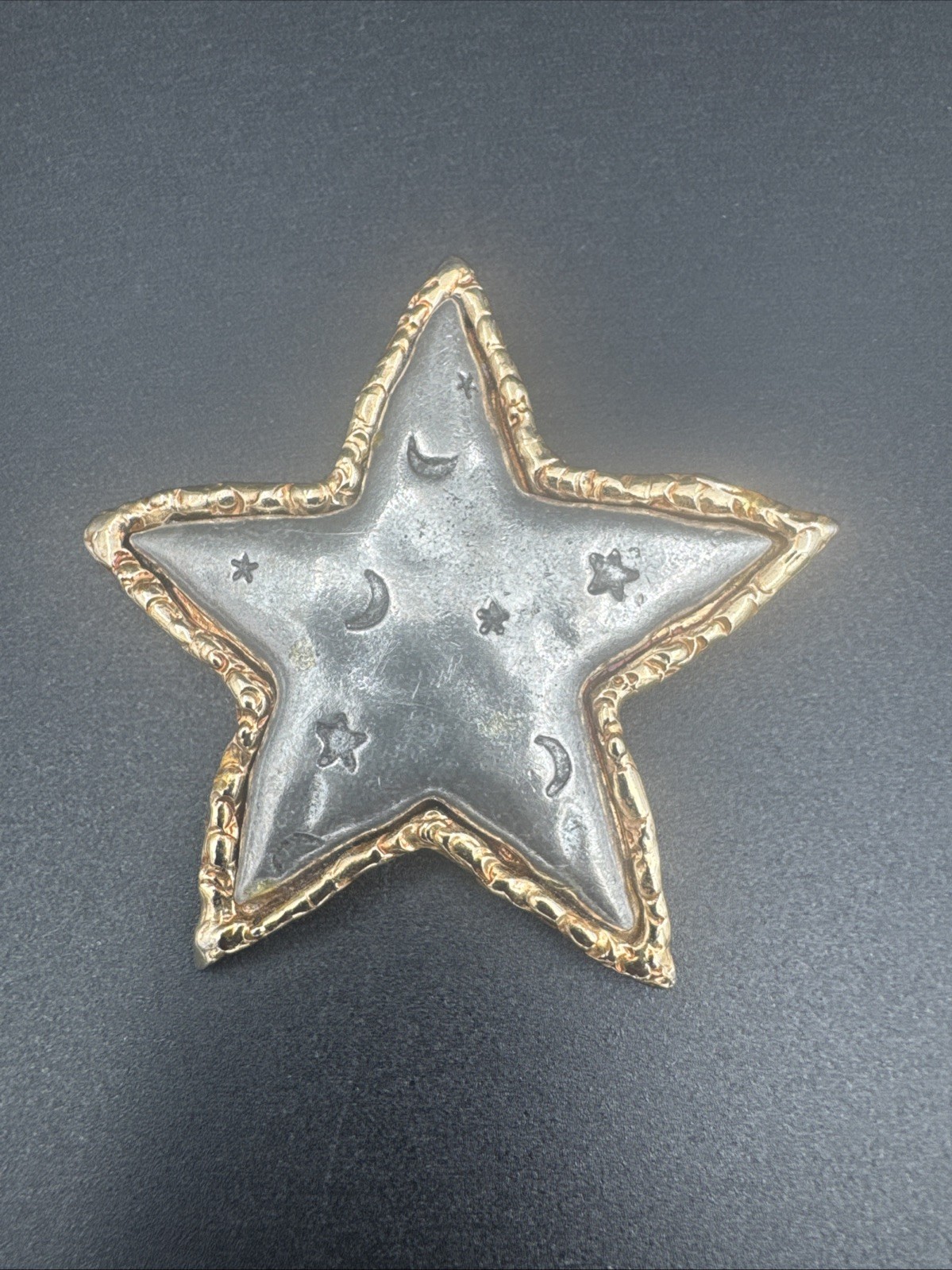 JJ Jonette Star w/Embossed Moons Stars Silver tone with Gold Tone Trim Brooch