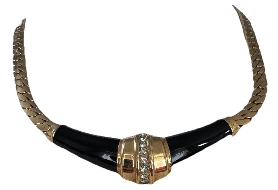 CHRISTIAN DIOR Black Enamel Sparkling Ice Rhinestone Vintage Necklace