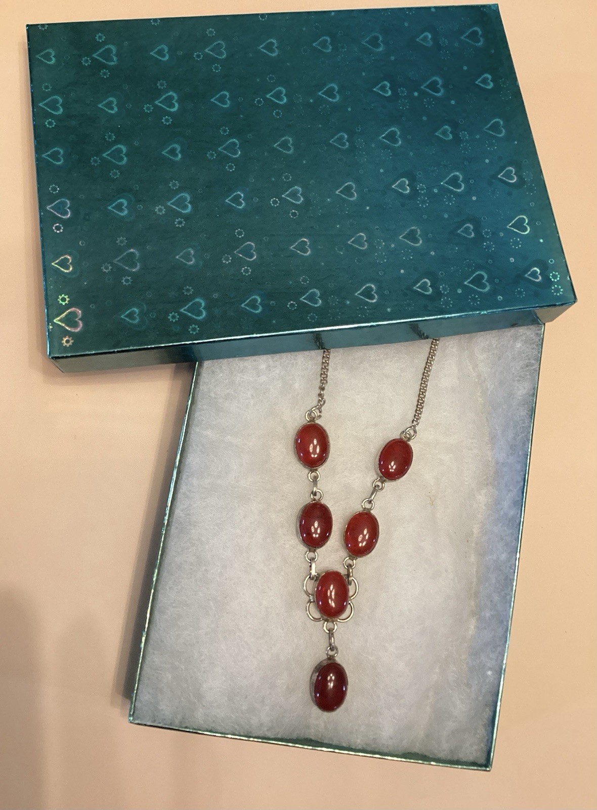 Vintage Neckless Cornelian 925 Silver Chain 19 Inch In The Gift Box