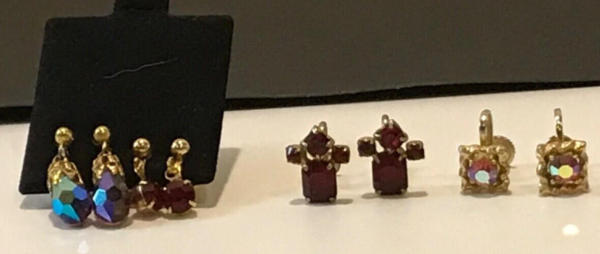 Vintage Gold Tone Rhinestone Clip Screw Back Earrings Lot of 4 Pair