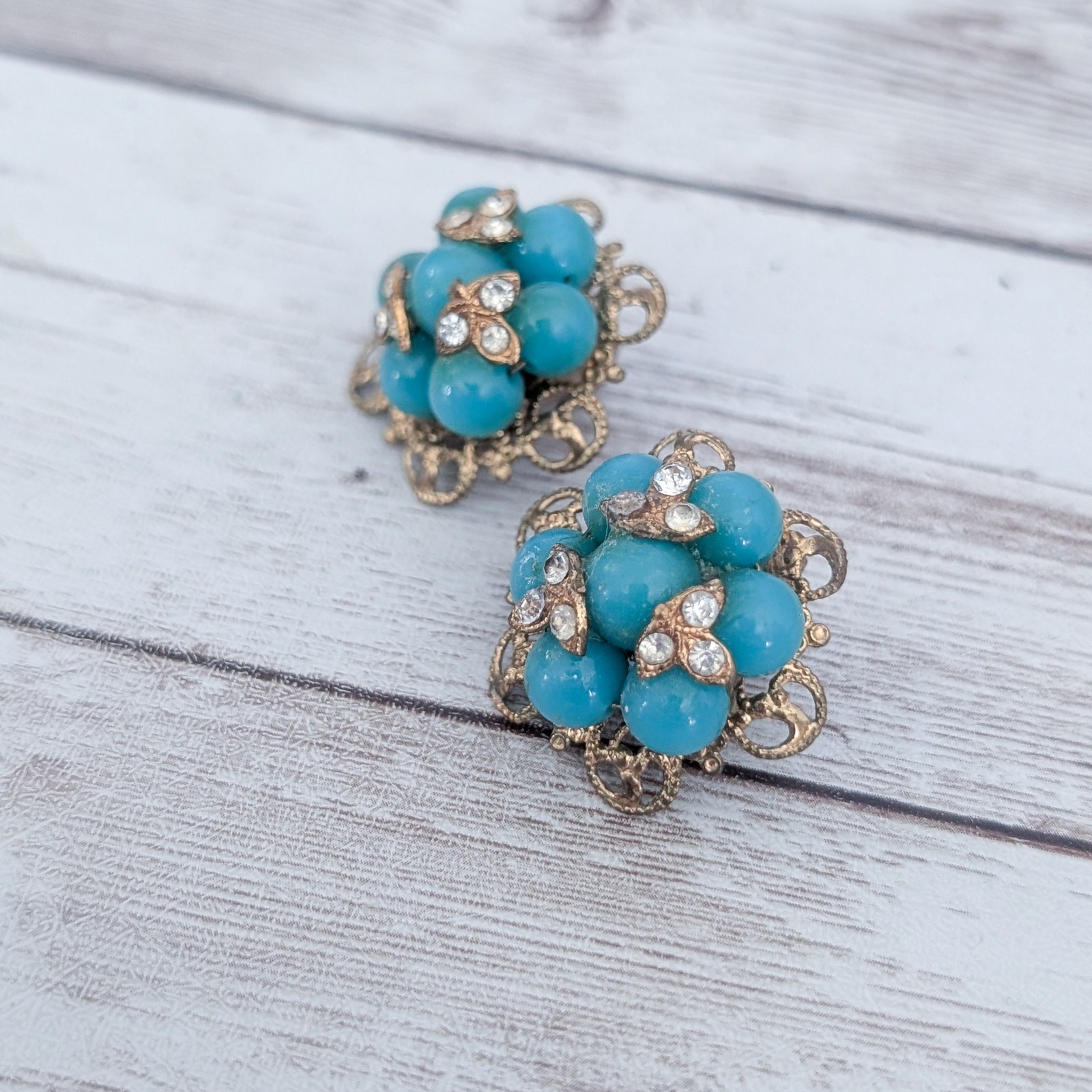 Vintage Clip On Earrings Turquoise Tone, Clear Gem – Clip Repair Needed