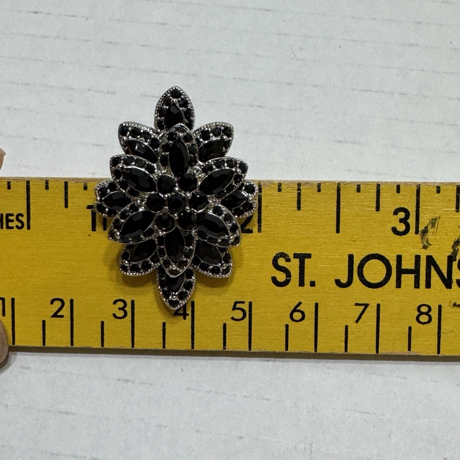 Vtg Black Rhinestone Starburst Floral Clip On Earrings Silver Tone Statement Fun