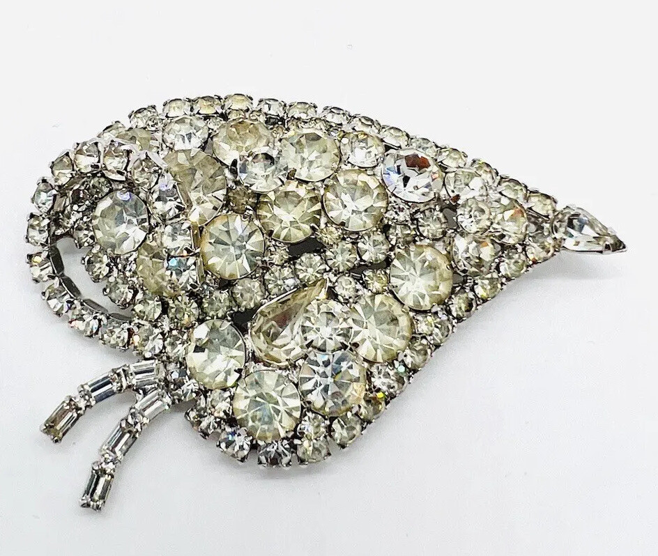 HUGE Sparkling Clear Rhinestone Stylized Fruit Brooch 3 1/4 Inch Vintage Jewelry