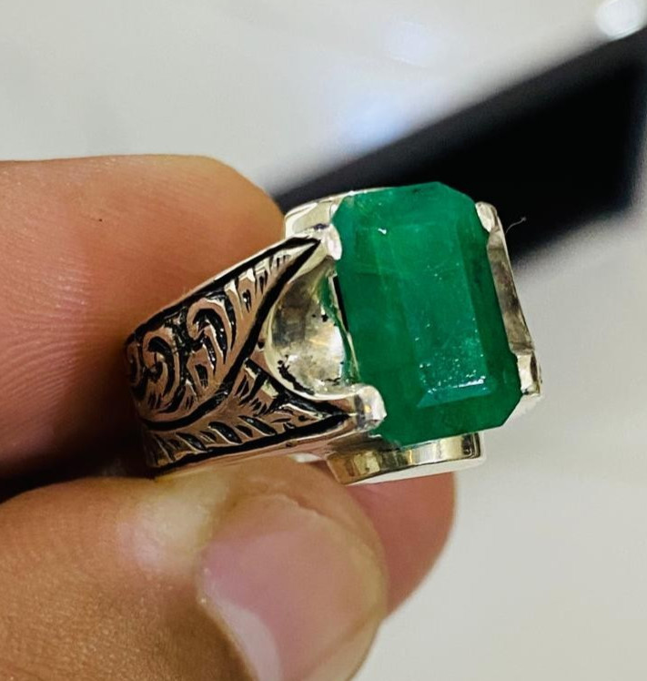 Original Zamurd Stone, Emerald Cut, Handmade Ring, Silver 925, Engraved Artisan