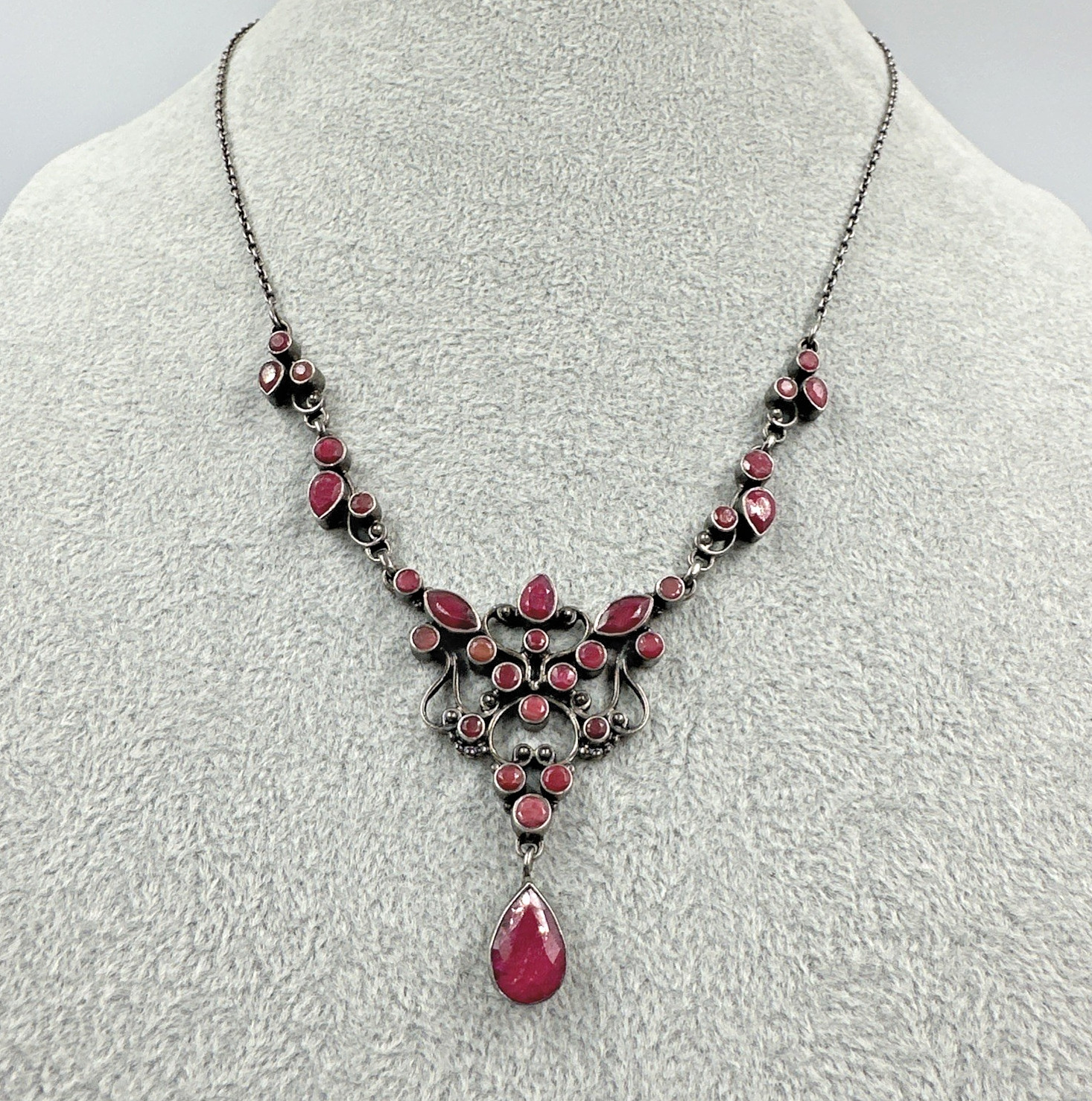 SLG Sterling Silver Necklace Natural Ruby Cluster Y Pendant 3″ Drop 18.5″ 21.60g