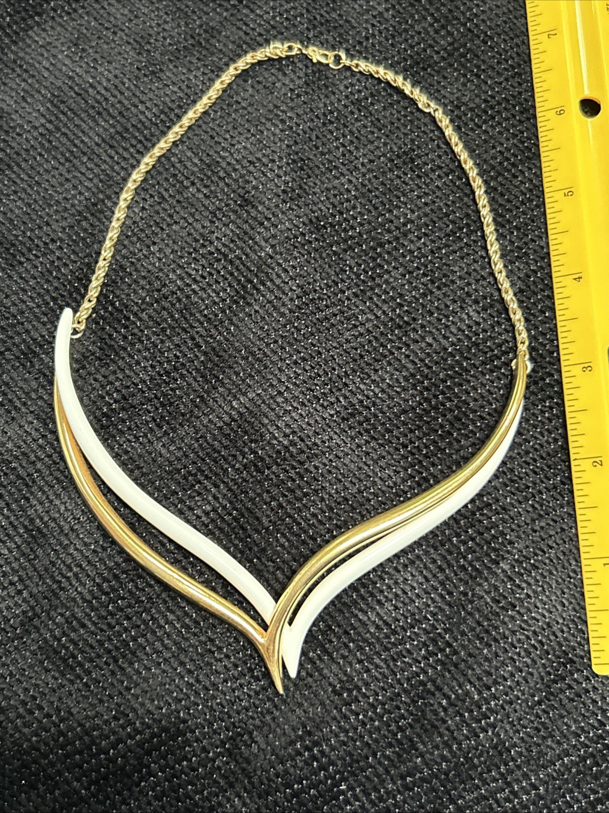 Vintage Monet Double V Neck Swirl Choker Necklace Two Tone Gold Off White Signed
