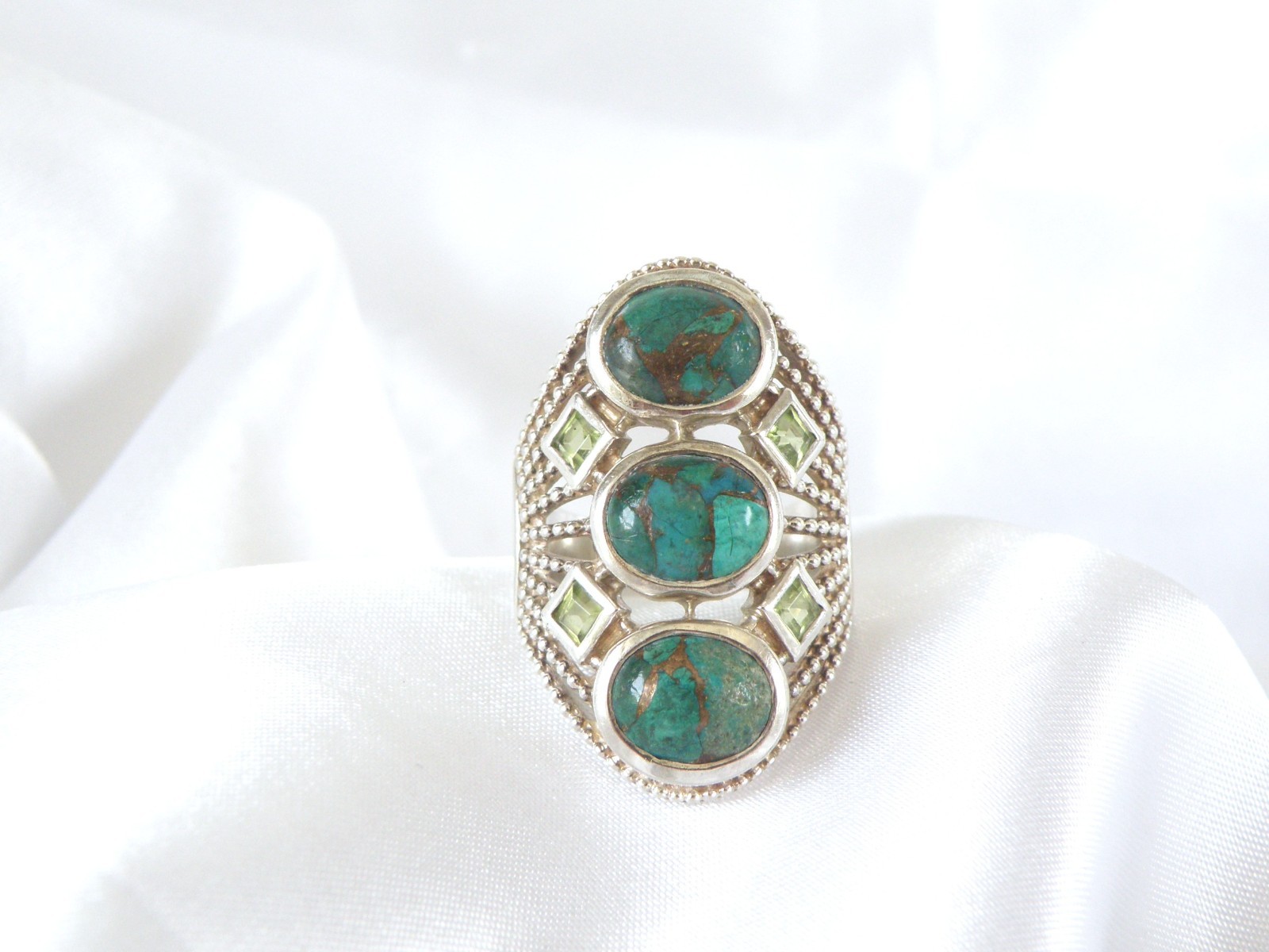 Sterling Silver 925 Large Chrysocola and Peridot Multi Stone Statement Ring 7