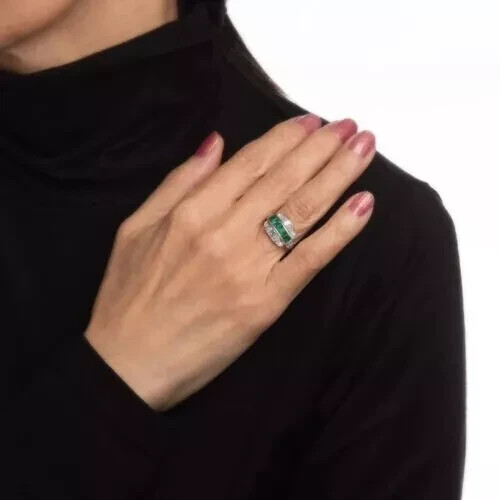 Art Deco Style Green Emerald Lab-Created Diamond Wedding 14K White Gold FN Ring