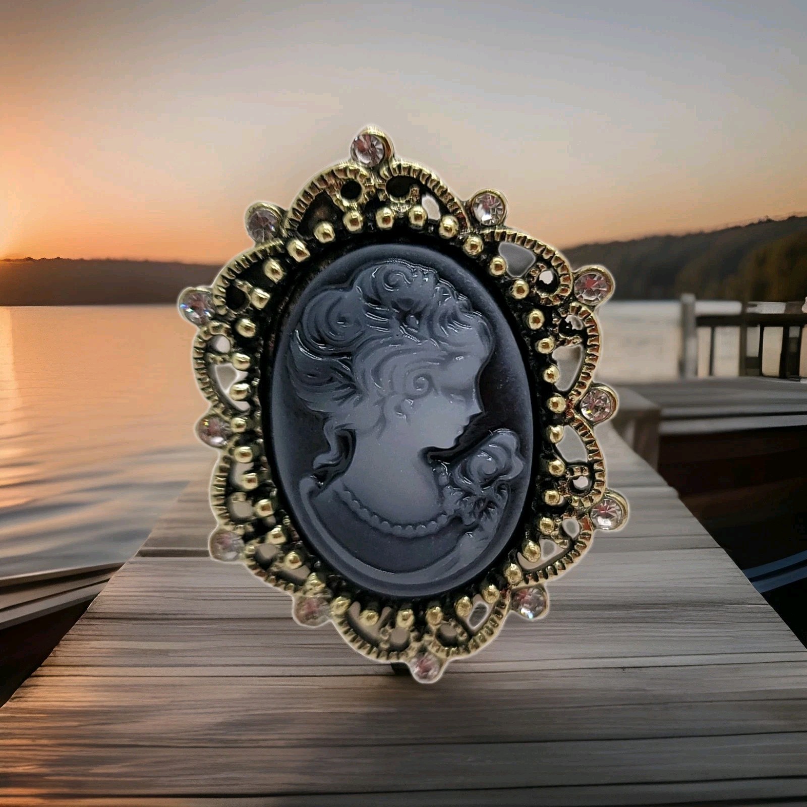 Vintage Victorian Style Cameo Brooch Pin Petite Black & Gray Rhinestone New