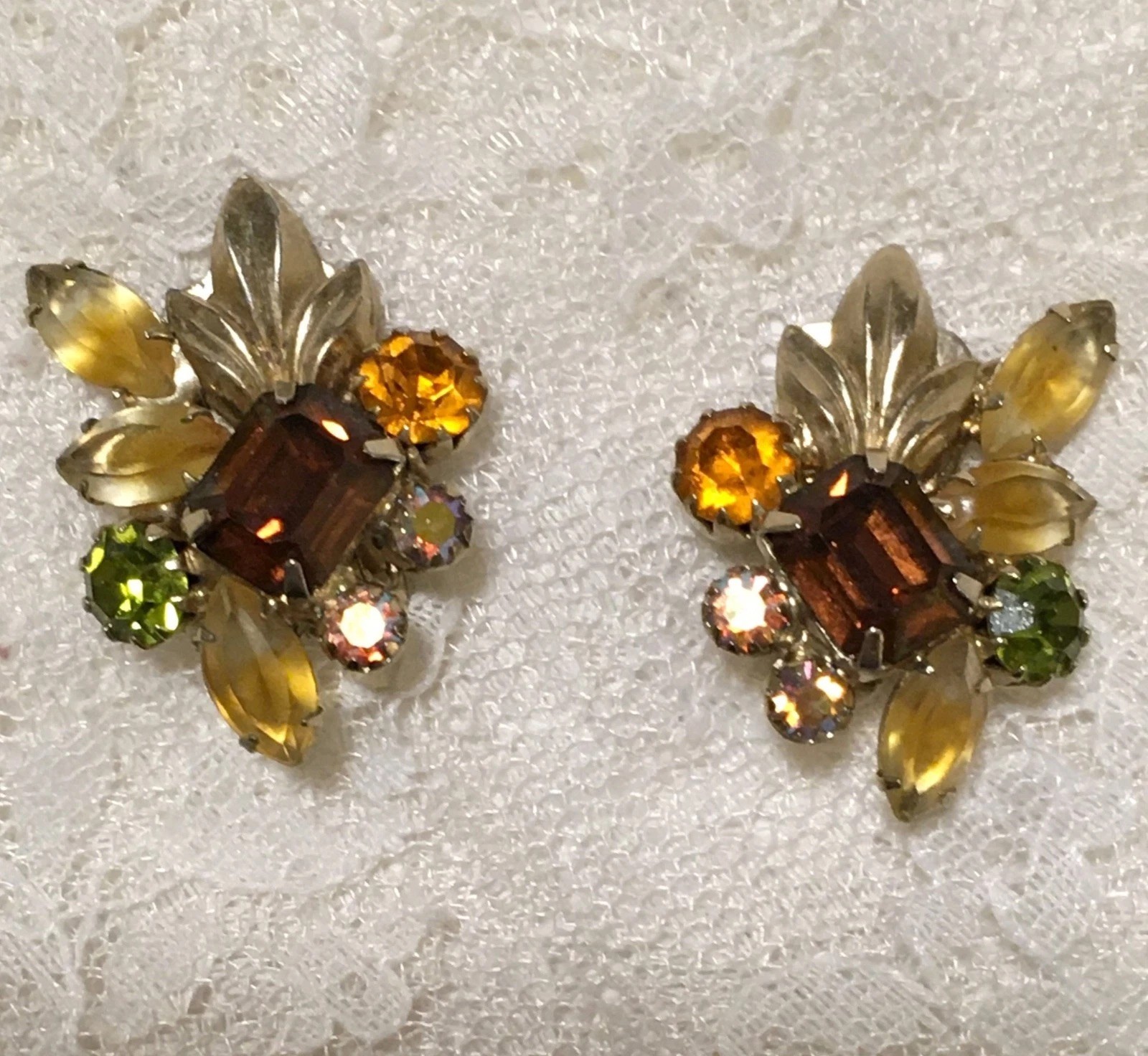 Vintage Rhinestone Clip On Earrings Green Brown yellow Fruit Salad Autumnal Fall
