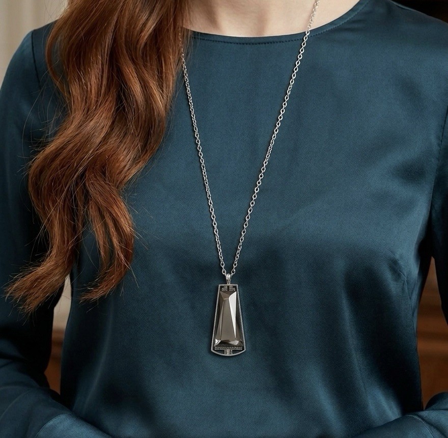 Long Hematite Art Deco Necklace, 34 Inches