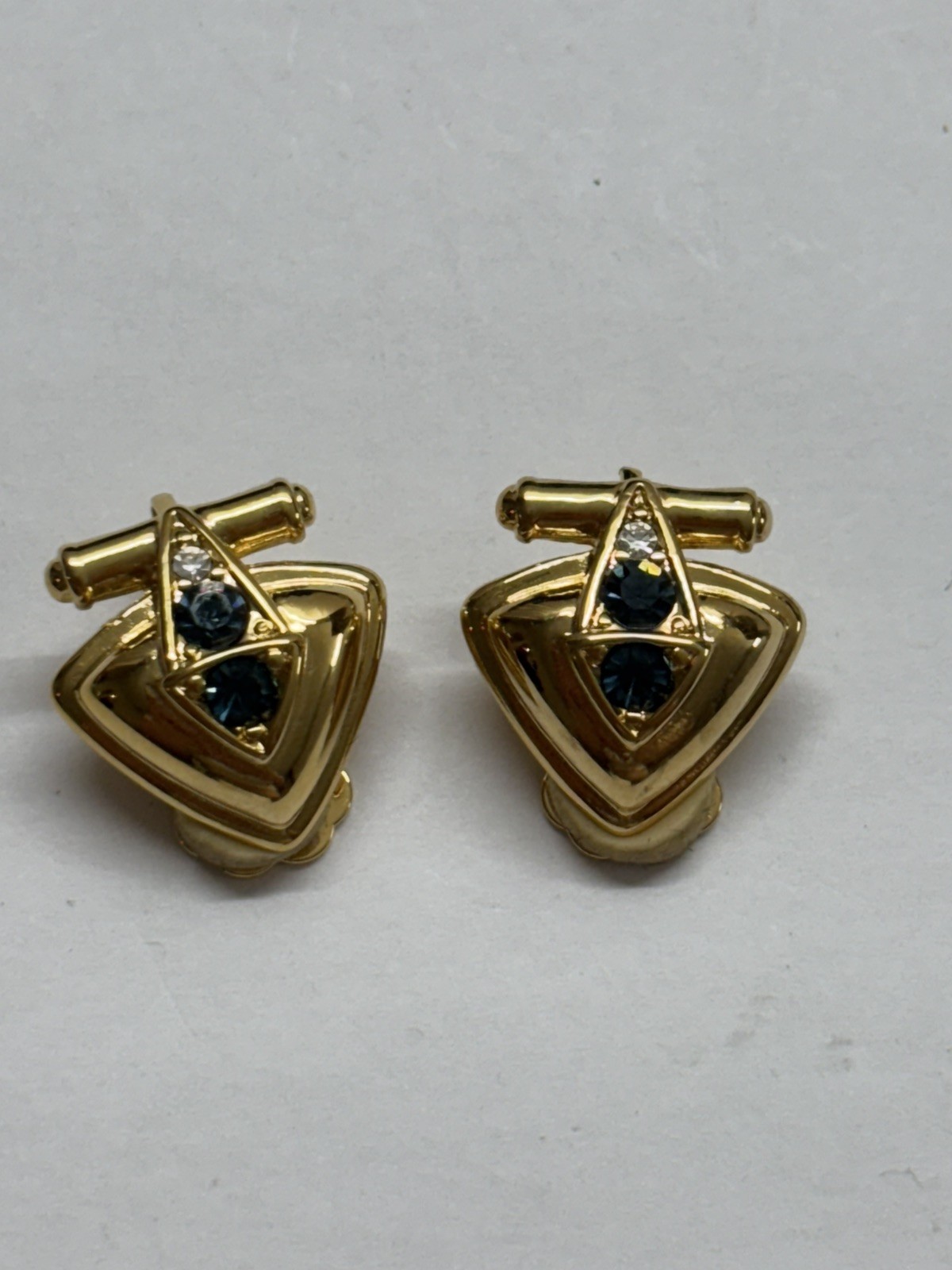 nolan miller clip on earrings gold blue triangle rhinestone crystal modernist