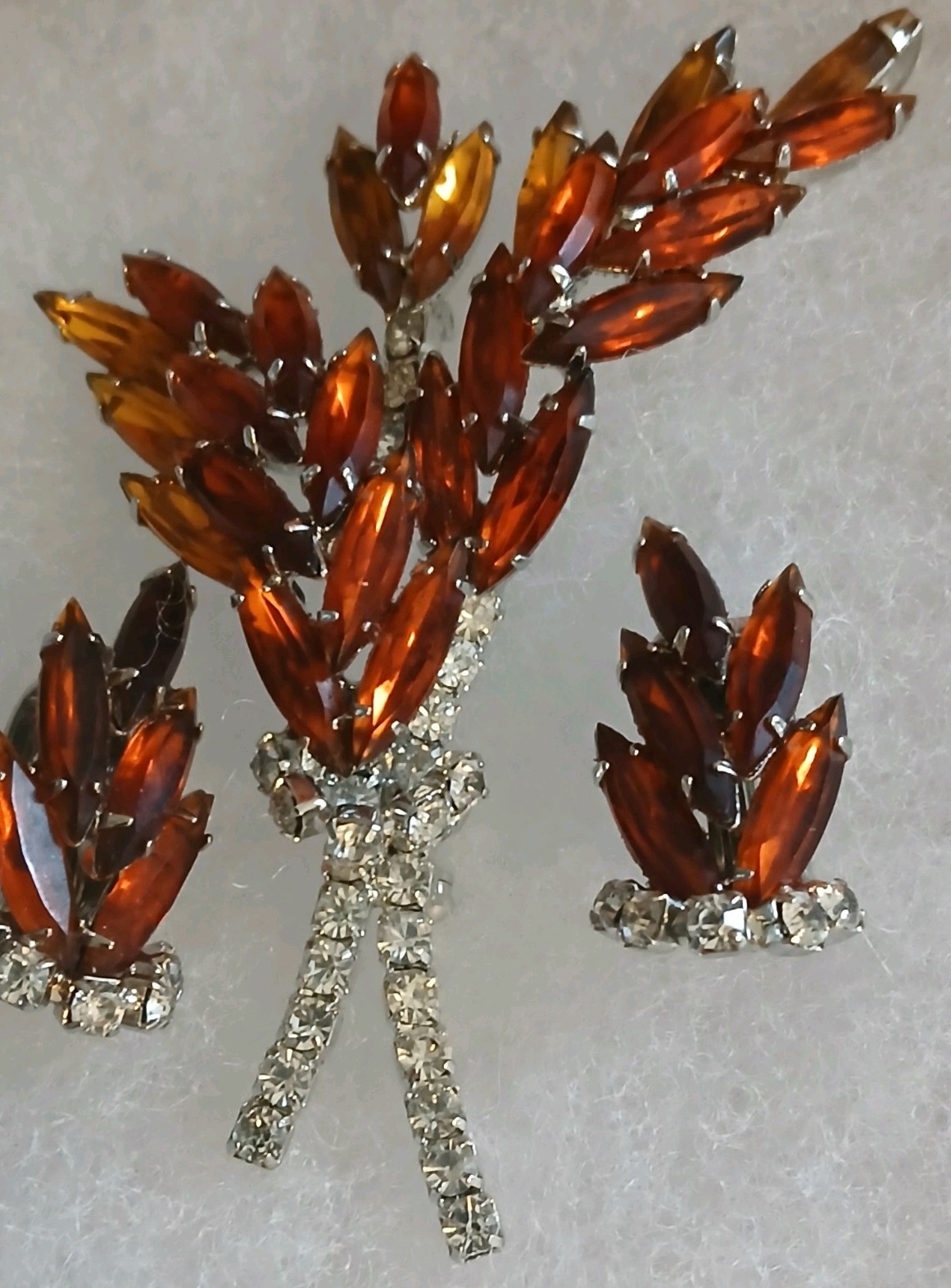 Vintage Orange & Amber Rhinestone Spray Brooch & Chip-on Earrings
