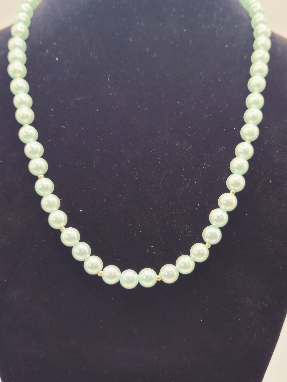 Vintage Mint Green Faux Pearl Necklace Gold Tone Spacers Elegant Costume Jewelry