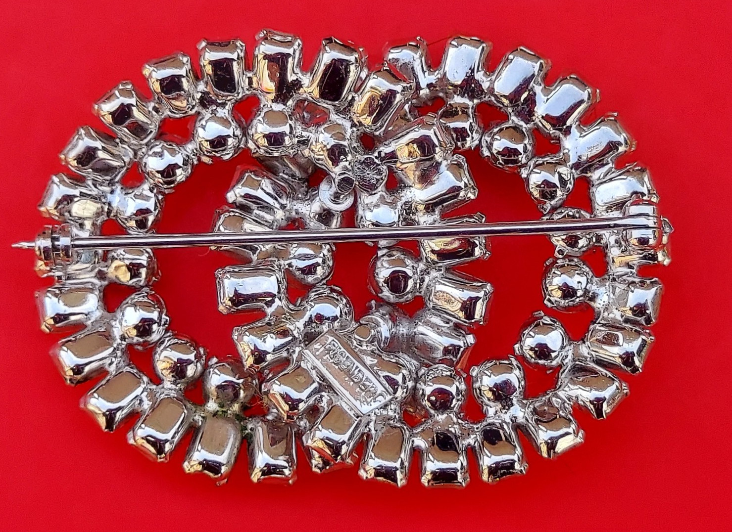 Signed Eisenberg Rhinestone Double Ring Brooch