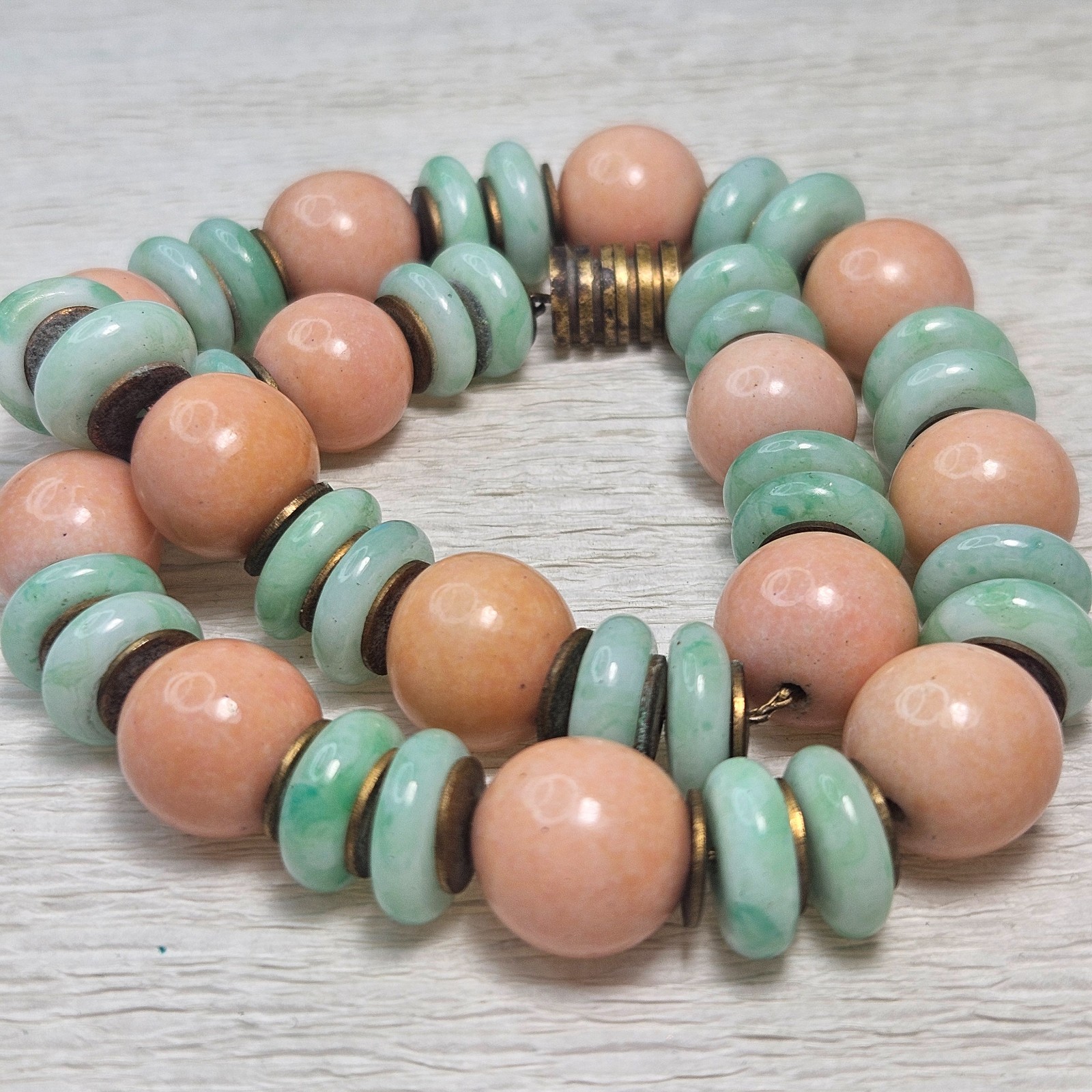 Confirmed ROUSSELET Peach & UV Marbled Green w Brass Discs Glass Bead Necklace