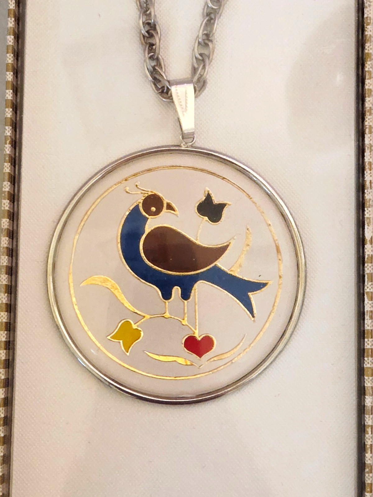 Vintage Hoffman Hex Signs Peacock Necklace by Hoffman with Box 24″