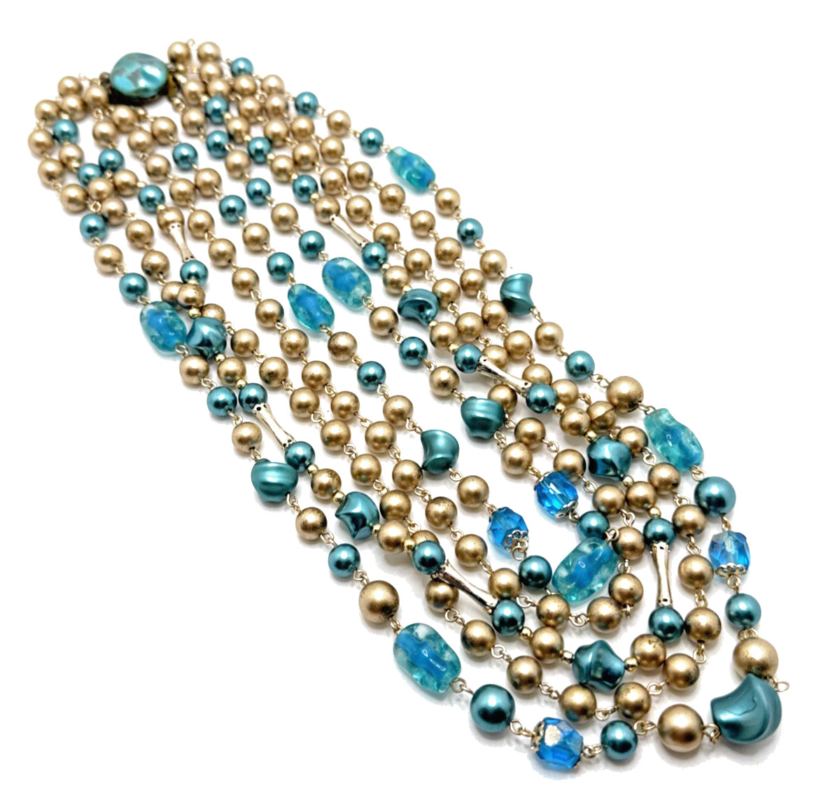 Vintage Japan Multi Strand Beaded Choker Necklace Blue Gold Mid Century 16″