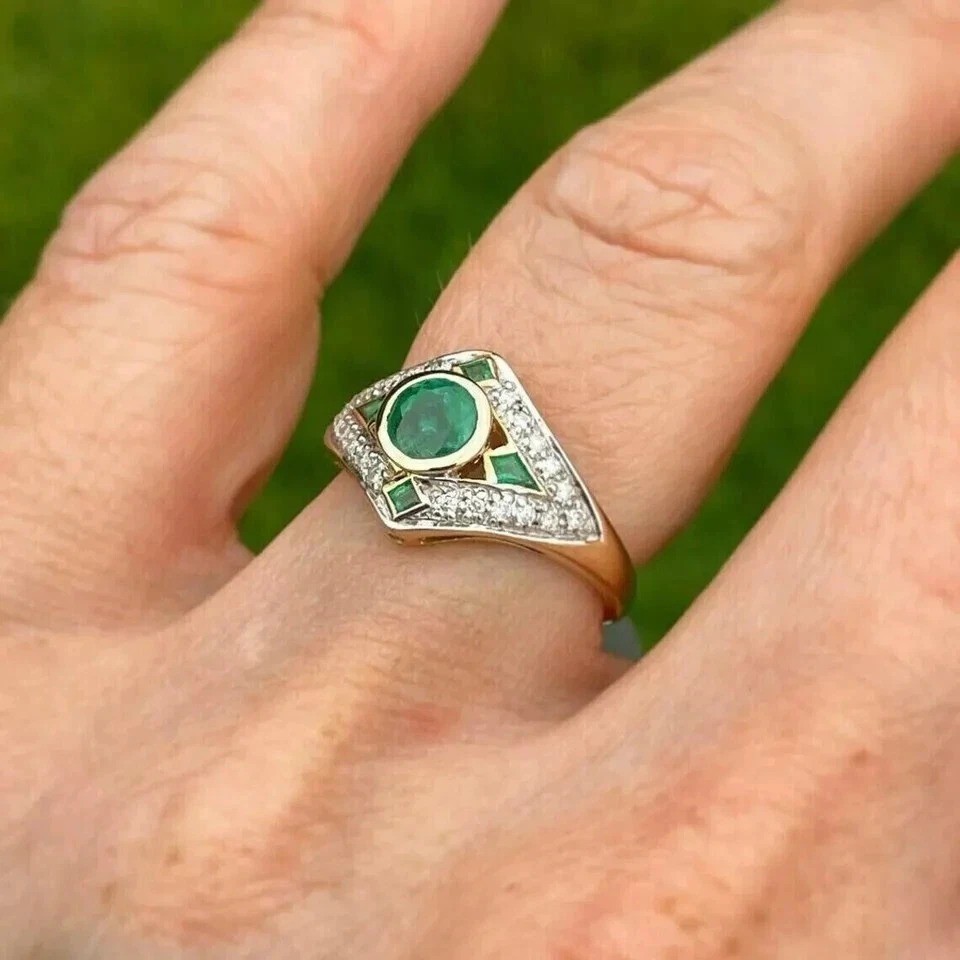 Art Deco Vintage Round Cut Lab Created Emerald & Diamond Wedding 925 Silver Ring