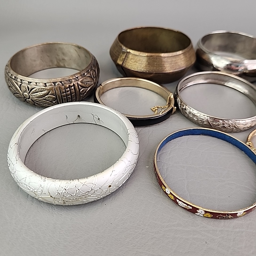 Vintage Bangle Bracelet Lot of 9 India Enamel Brass Rhinestone Hinged Wood