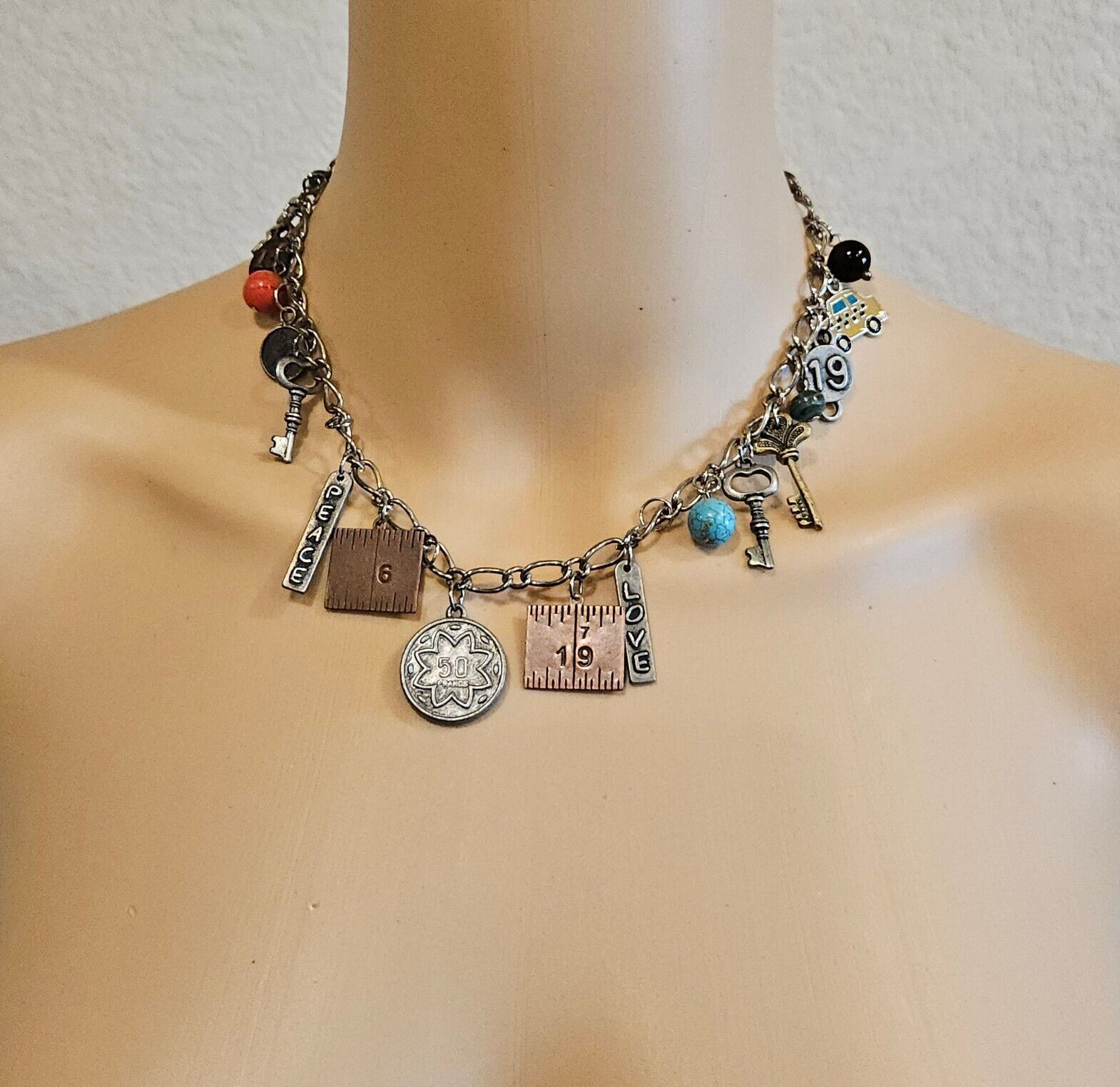 Vintage Good Luck Charm Necklace Skeleton Key Love Money Automobile