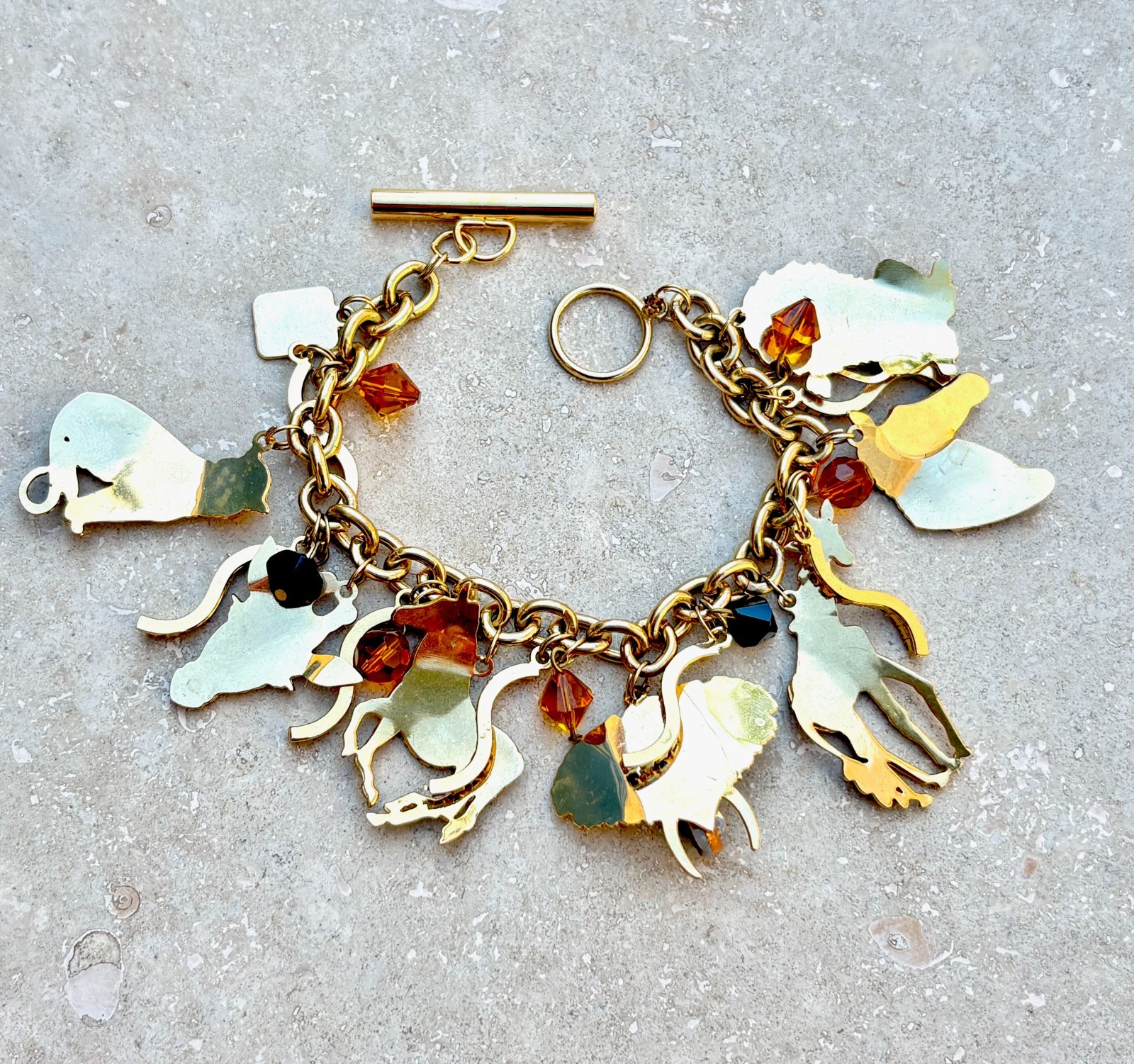 LUNCH AT THE RITZ Signed Safari Animals Charm Bracelet Enamel Rhinestones