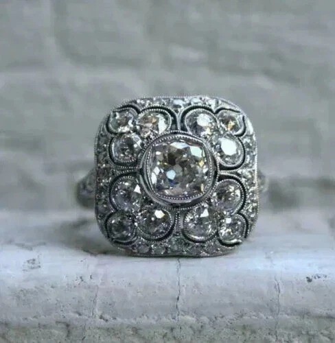 Vintage Style Art Deco 3Ct Round Lab Created Diamond 14K White Gold Plated Ring