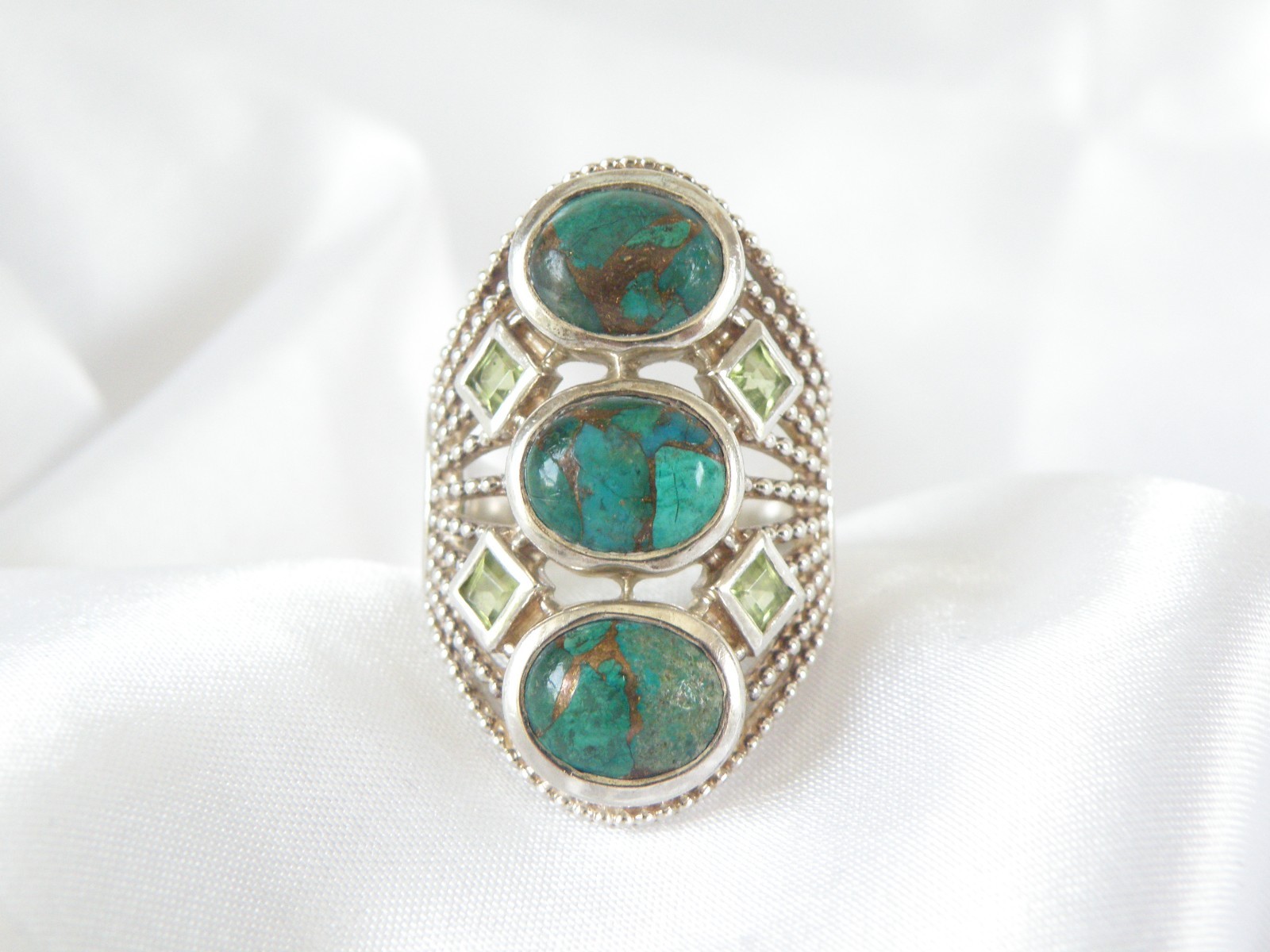 Sterling Silver 925 Large Chrysocola and Peridot Multi Stone Statement Ring 7