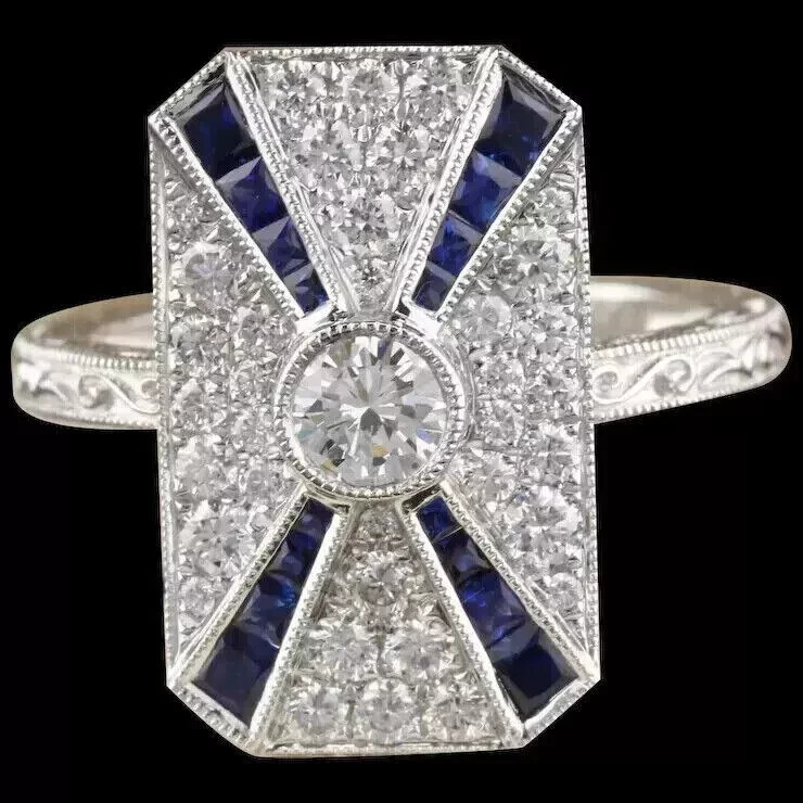 Art Deco Vintage Lab Created Diamond & Sapphire 14K White Gold FN Wedding Ring