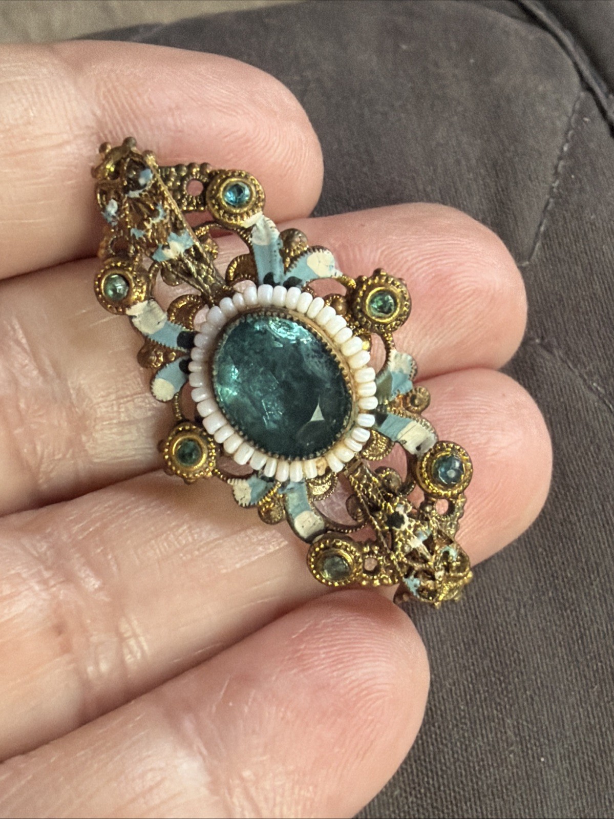 Antique Signed Czechoslov White Beads Enamel Brooch Blue Glass Stone Pin