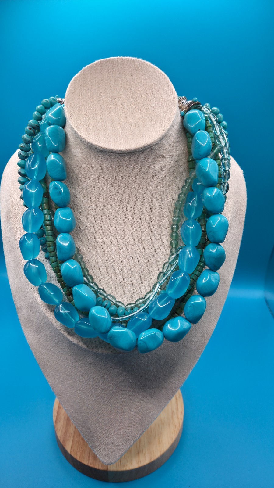Vintage Turquoise Blue Beads Multi Strand Beaded Statement Necklace 8.5″ Chunky