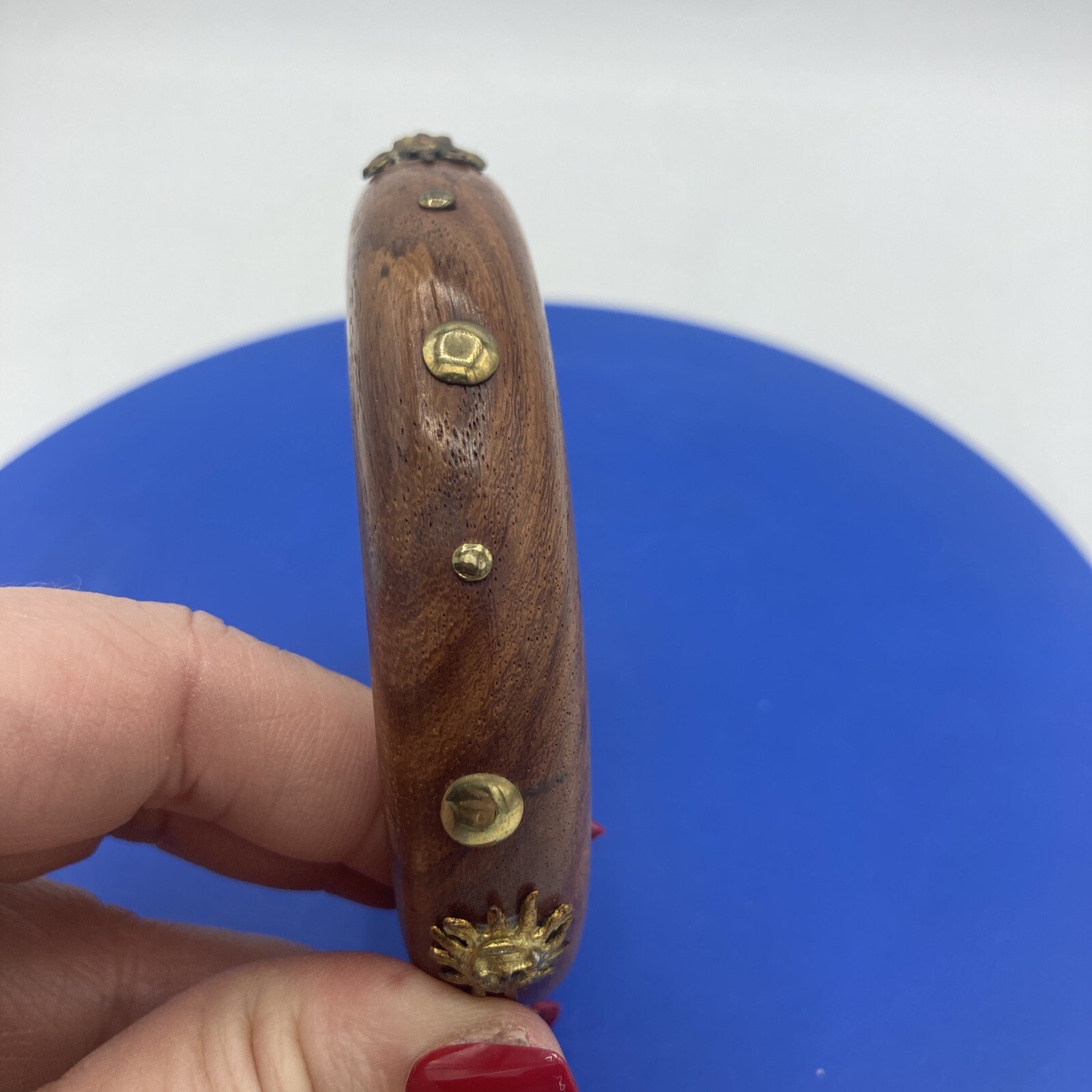 Vtg Wood Cuff Bangle Bracelet Brass Sun & Studs Celestial Boho Whimsigoth 5.5”