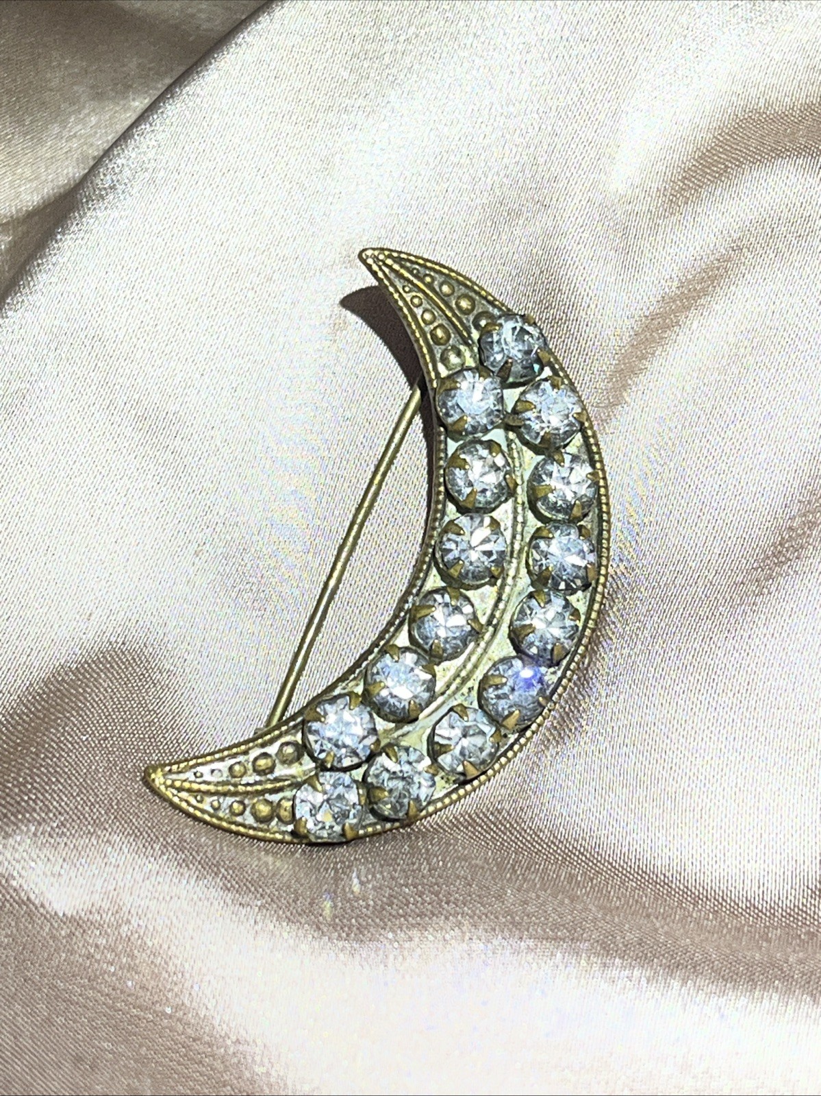 Unusual Antique Victorian Crescent Moon Brooch Prong Set Rhinestones Pin 1880s