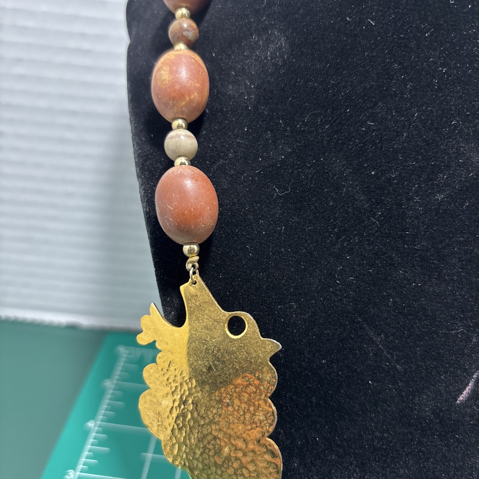 Signed S.H. 1984 Bold Brass Dragon Lion Stone Beaded Necklace 9” Drop